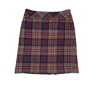 LL Bean Plaid Skirt Wool Blend 10 Purple/black Back Slit Side Zip Cabin Preppy